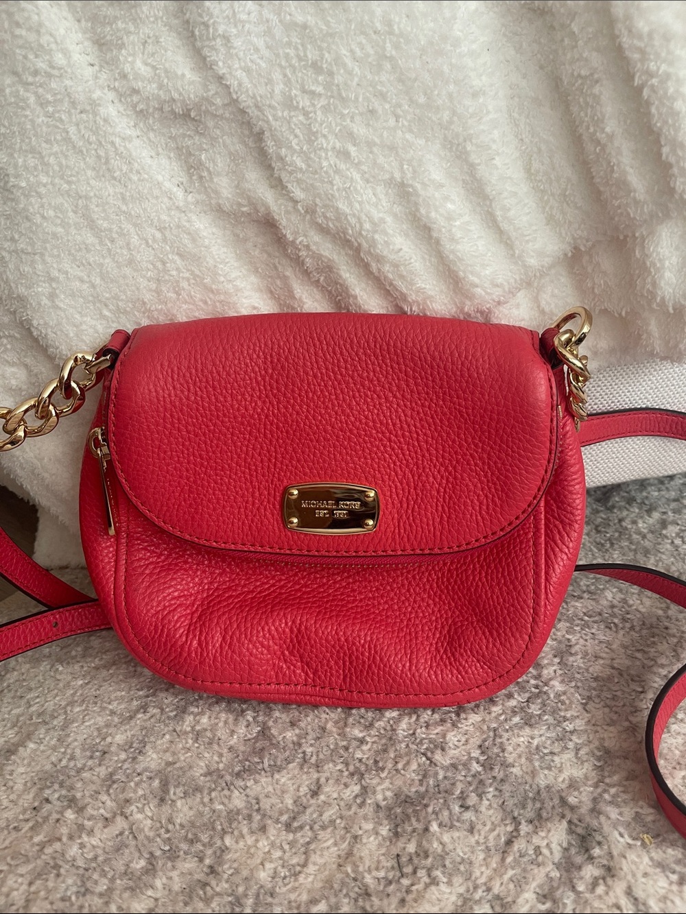 Michael Kors Bright Coral Pebbled Leather Crossbody with Gold Chain